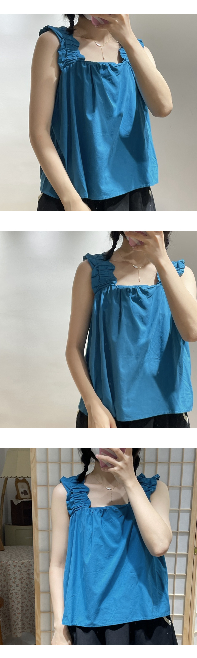 KOIN COLLECTION Square Frill Banding Sleeveless Blouse Blue Color & Free Size 6