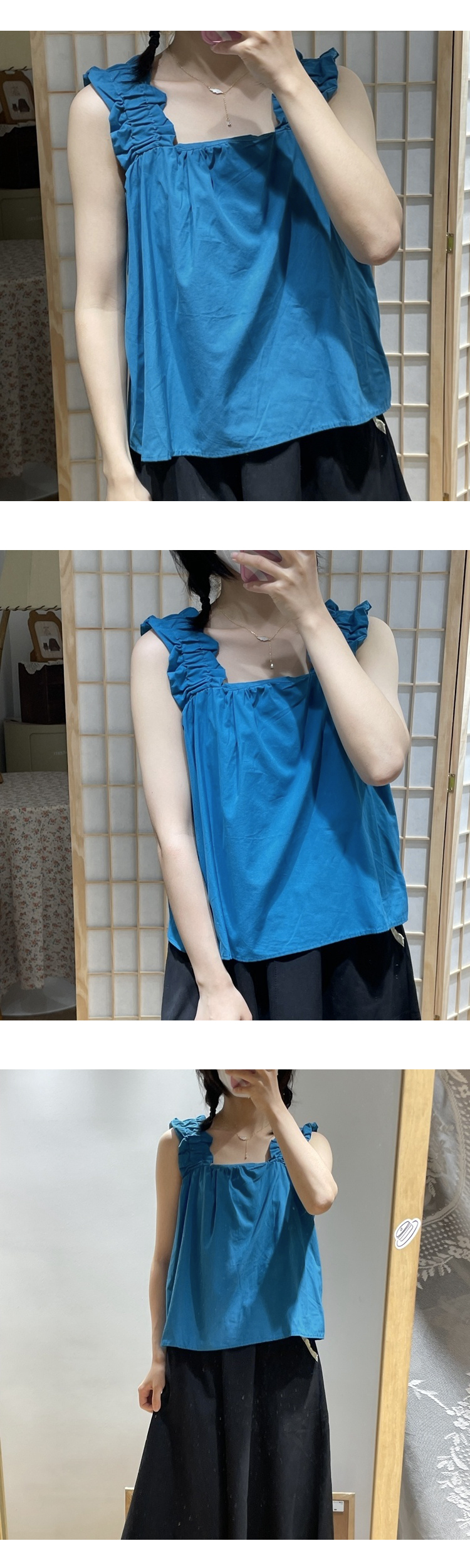 KOIN COLLECTION Square Frill Banding Sleeveless Blouse Blue Color & Free Size 7
