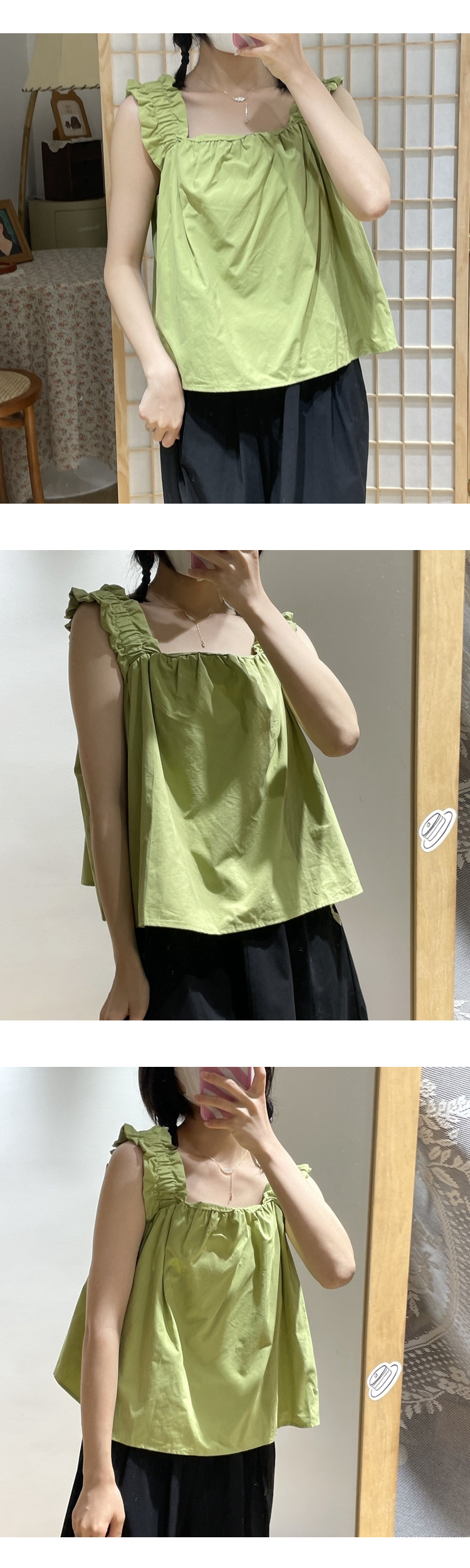 KOIN COLLECTION Square Frill Banding Sleeveless Blouse Light Green Color & Free Size 9